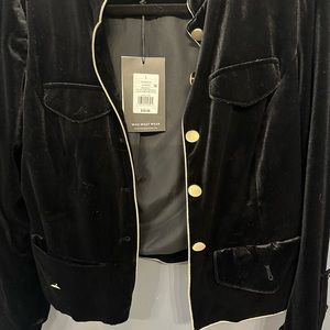 Black velvet military jacket with gold trim and gold buttons, size L